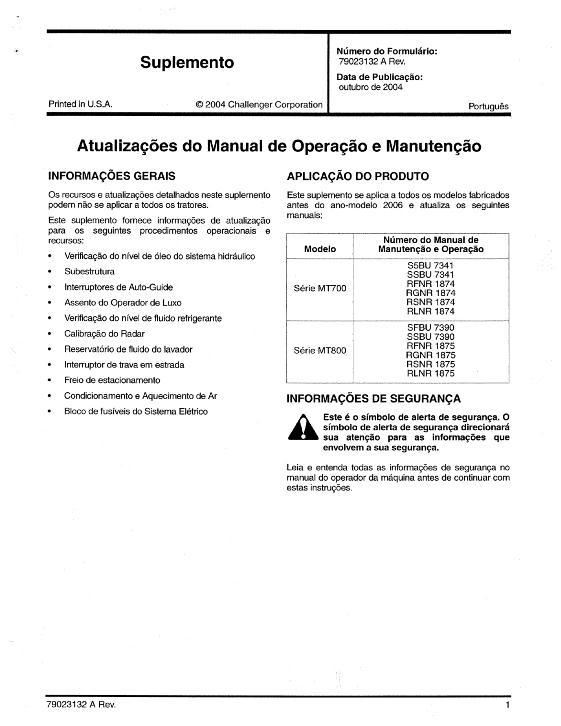 AGCO MT700 MT800 Series Tractor (supplement) Operator Manual 79023132A Portuguese