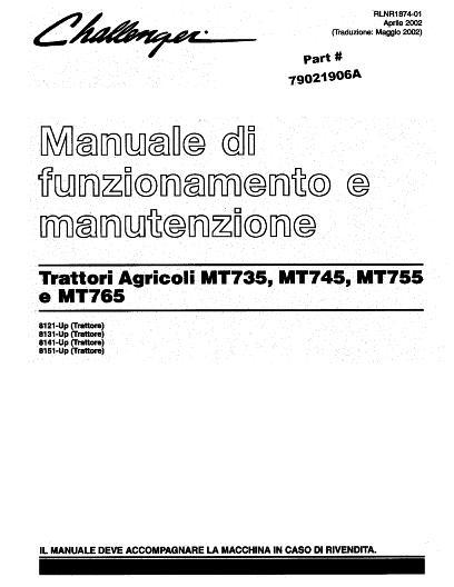 AGCO MT735 MT745 MT755 MT765 Tractor (2003-05, CE) Operator Manual 79021906A Italian