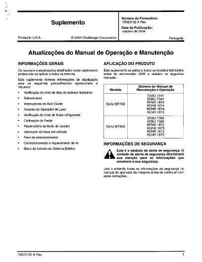 AGCO MT735 MT745 MT755 MT765 Tractor (2003-05, non CE) Operator Manual 79023130A Portuguese