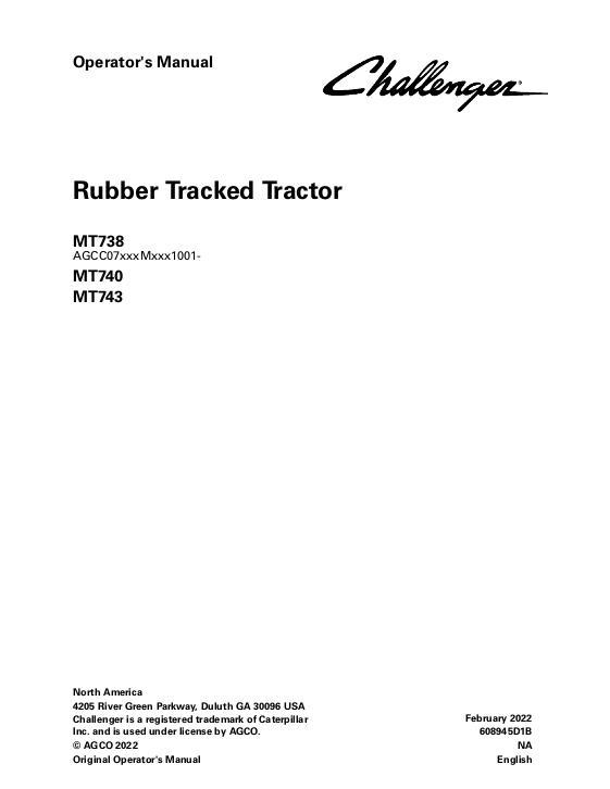 AGCO MT738 MT740 MT743 Tractor (non CE, eff sn Mxxx1001) Operator Manual 608945D1B English