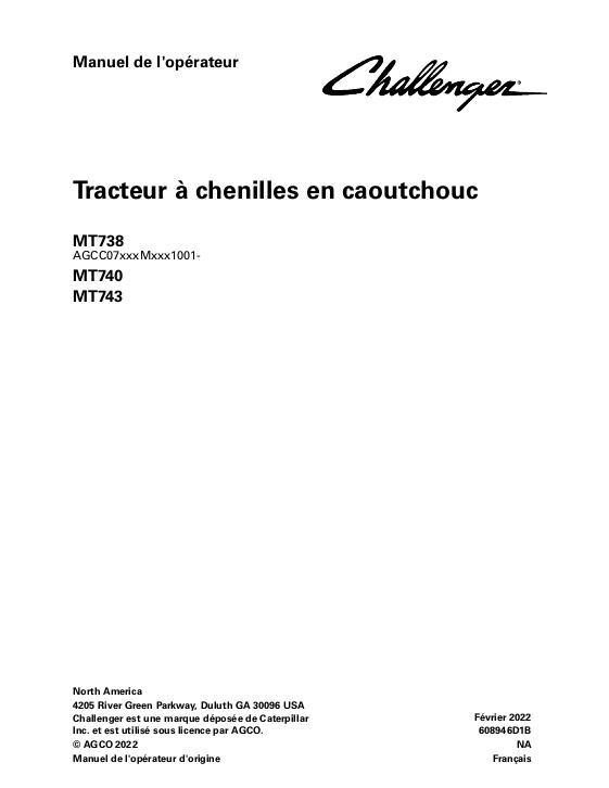 AGCO MT738 MT740 MT743 Tractor (non CE, eff sn Mxxx1001) Operator Manual 608946D1B French