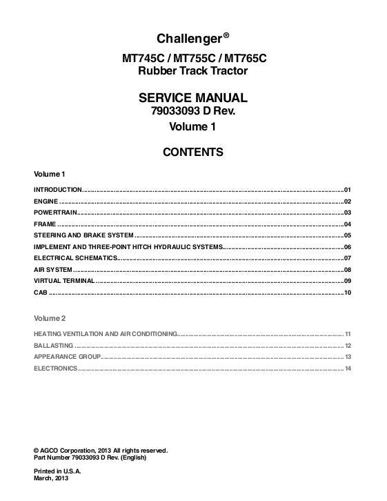 AGCO MT745C MT755C MT765C Tractor (packet) Service Manual 79033093D English