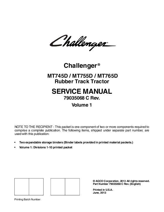 AGCO MT745D MT755D MT765D Tractor (packet) Service Manual 79035068C English