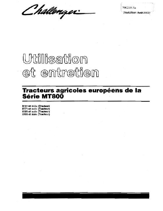 AGCO MT835 MT845 MT855 MT865 Tractor (2003-05, CE) Operator Manual 79021915A French