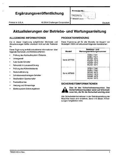 AGCO MT835 MT845 MT855 MT865 Tractor (2003-05, CE) Operator Manual 79021917A German