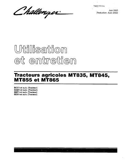 AGCO MT835 MT845 MT855 MT865 Tractor (2003-05, non CE) Operator Manual 79021911A French