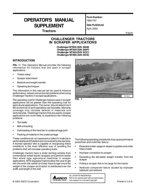AGCO MT835 MT845 MT855 MT875 Tractor (scraper supplement) Operator Manual 79021737 English