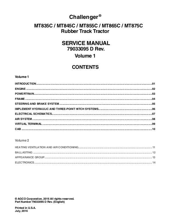 AGCO MT835C MT845C MT855C MT865C MT875C Tractor (packet) Service Manual 79033095D English