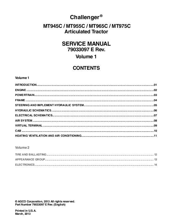 AGCO MT945C MT955C MT965C MT975C Tractor (packet) Service Manual 79033097E English
