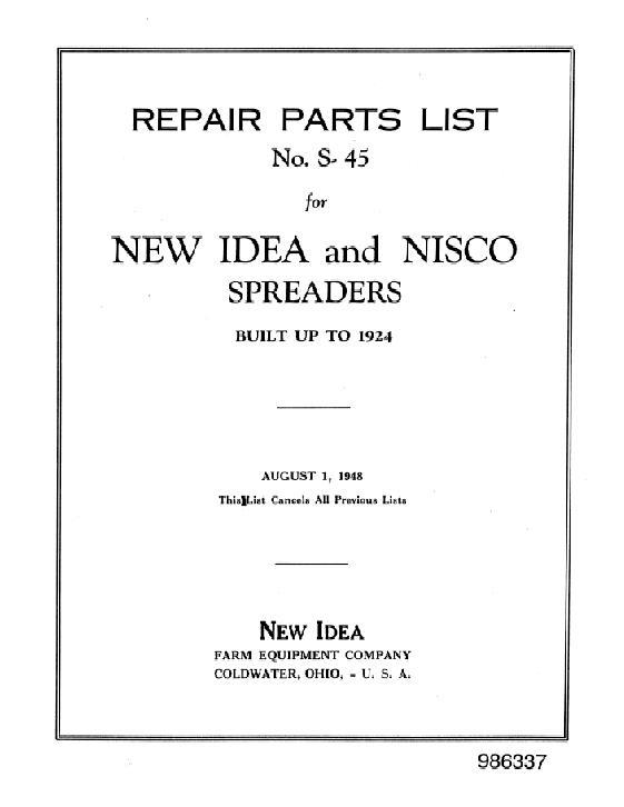 AGCO Manure Spreader New Idea Nisco (prior to 1925) Parts Book 986337 English
