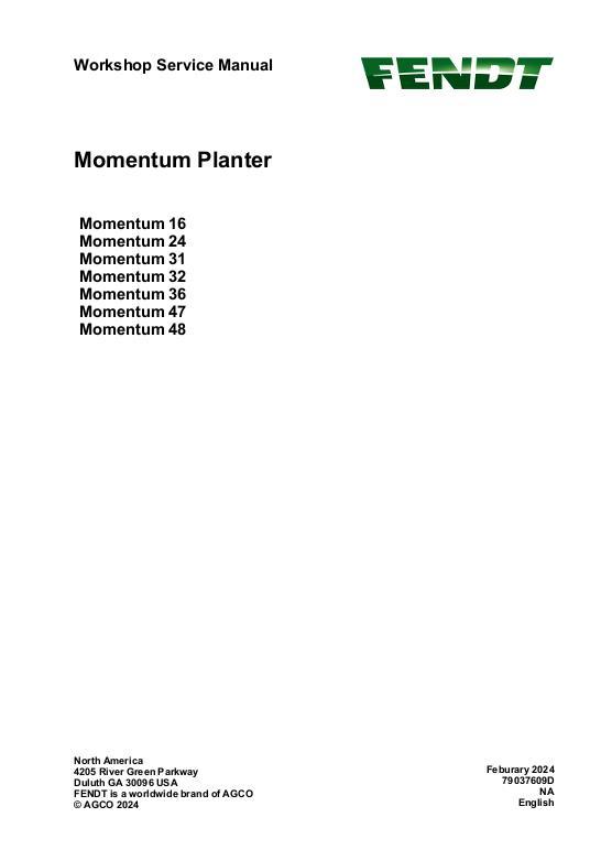 AGCO Momentum 16 24 31 32 36 47 48 Service Manual (packet) Service Manual 79037609D English