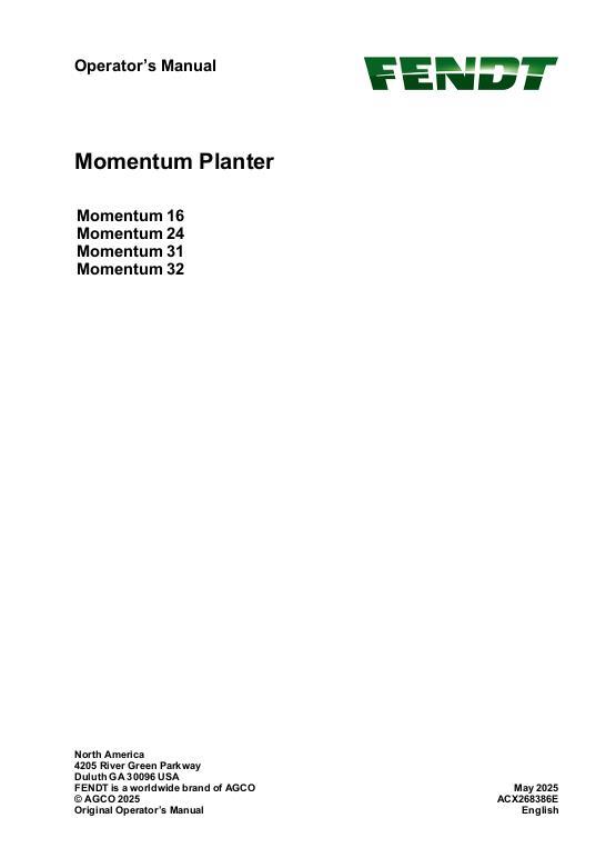 AGCO Momentum 16 Momentum 24 Momentum 31 Momentum 32 Planter Operator Manual ACX268386E English