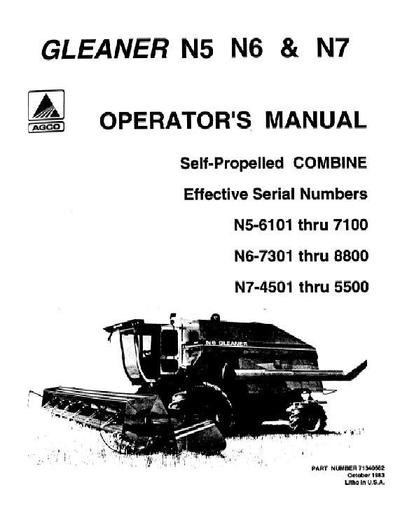 AGCO N5 (6101-7100) N6 (7301-8800) N7 (4501-5500) Combine Operator Manual 71340662 English