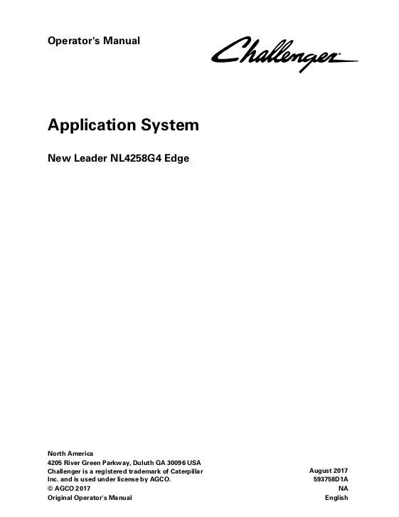 AGCO NL4258G4 EDGE RoGator (system, eff sn Jxxx1001, 2018) Operator Manual 593758D1A English