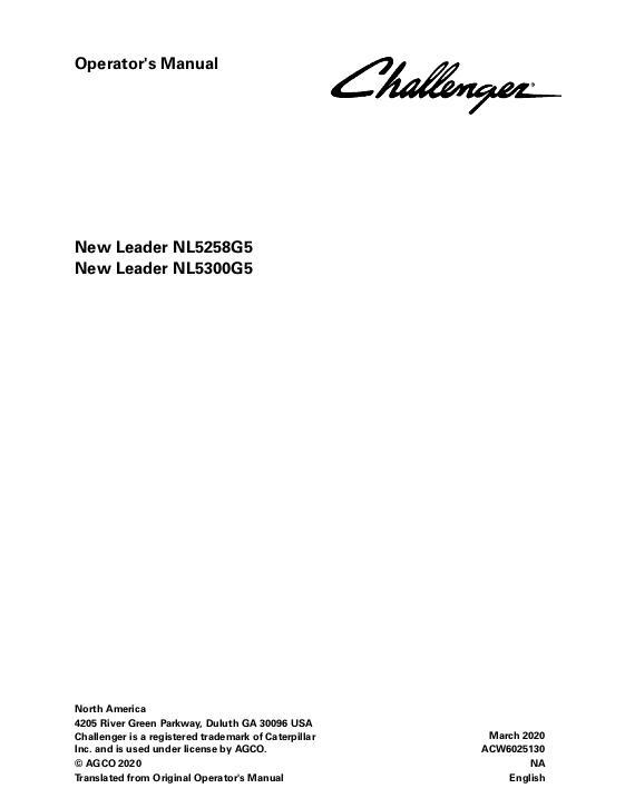 AGCO NL5258G5 NL5300G5 RoGator (system) Operator Manual ACW6025130 English