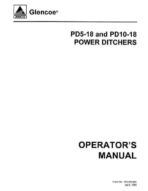 AGCO PD10-18 PD5-18 Power Ditcher (1996) Operator Manual 1PD982496 English