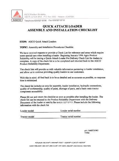 AGCO Quick Attach Loader Assembly Checklist Operator Manual 1449731m2 English