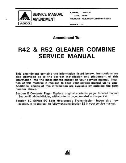 AGCO R42 R52 Combine (90 series hydrostat update, 1996) Service Manual 79017047 English
