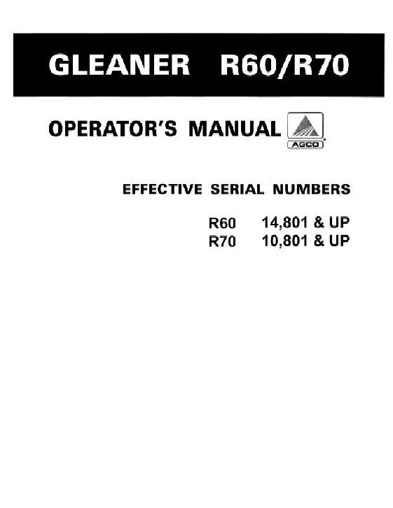 AGCO R60 (eff sn 14801) R70 (eff sn 10801) Combine Operator Manual 71355808 English