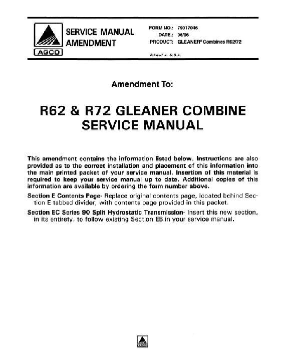AGCO R62 R72 Combine (90 series hydrostat section update) Service Manual 79017046 English