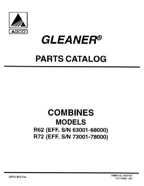 AGCO R62 (eff sn 63001-68000) R72 (eff sn 73001-78000) Combine Parts Book 79017537 English