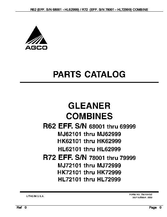 AGCO R62 (eff sn 68001, MJ, HK, HL) R72 (eff sn 78001, MJ, HK, HL) Parts Book 79019340C English
