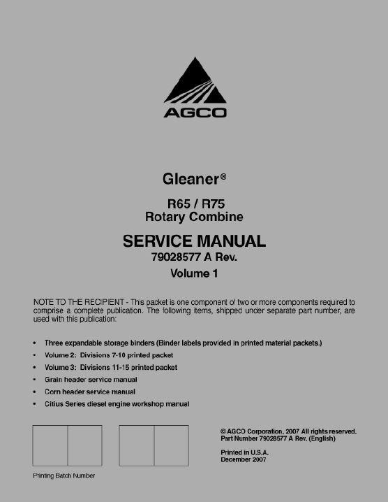 AGCO R65 R75 Combine (packet) Service Manual 79028577A English