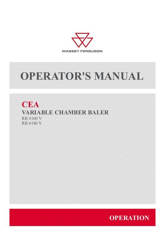 AGCO RB4160V CEA RB4180V CEA Variable Chamber Round Baler Operator Manual 72675717 English