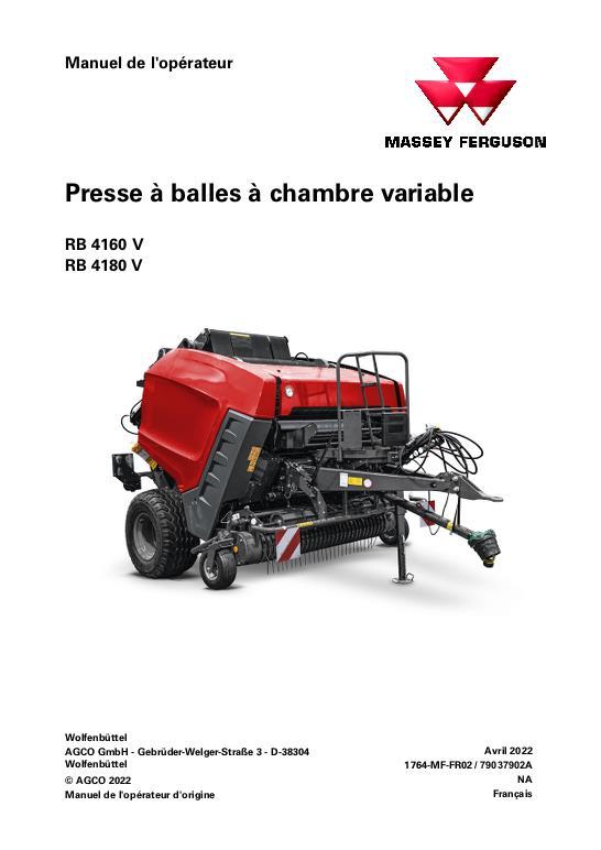 AGCO RB4160V RB4160V Xtra RB4180V RB4180V Xtra Round Baler Operator Manual 79037902A French