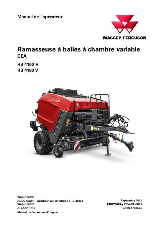 AGCO RB4160V RB4180V Round Baler (CEA) Operator Manual 79037888A French