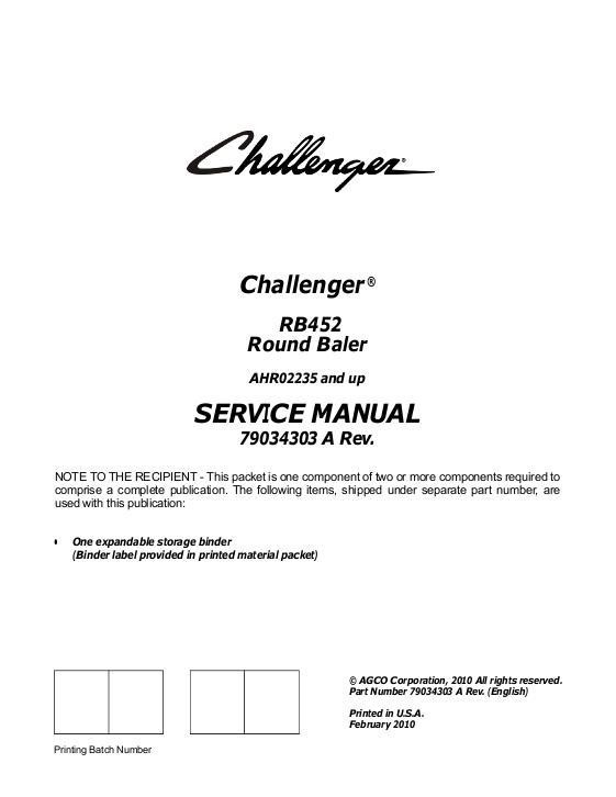 AGCO RB452 Round Baler (eff sn AHR02235) (packet) Service Manual 79034303A English