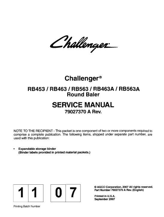 AGCO RB453 RB463 RB463A RB563 RB563A Round Baler (packet) Service Manual 79027370A English