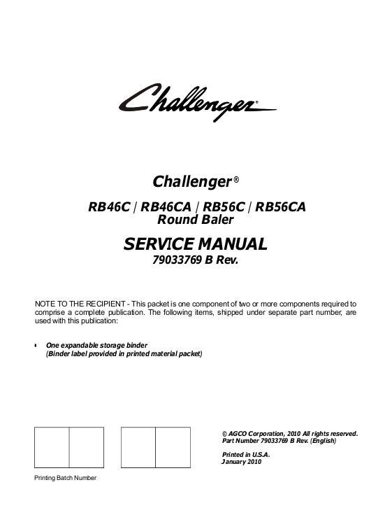 AGCO RB46C RB46CA RB56C RB56CA Round Baler (packet) Service Manual 79033769B English