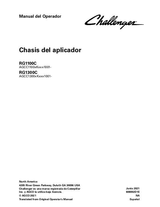 AGCO RG1100C RG1300C RoGator (chassis, not tier 4, eff xKxxx1001) Operator Manual 608002D1E Spanish