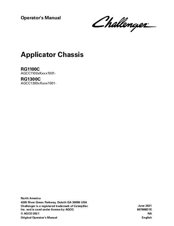 AGCO RG1100C RG1300C RoGator (chassis, without DEF) Operator Manual 607988D1E English