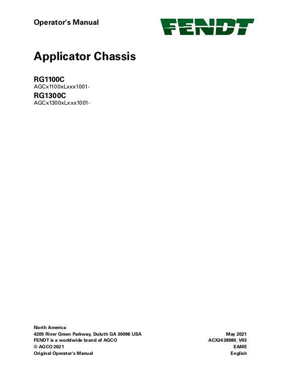 AGCO RG1100C RG1300C RoGator (chassis without DEF eff Lxxx1001) Operator Manual ACX2438980 English