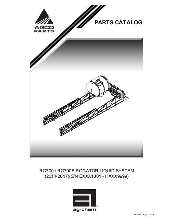 AGCO RG700 RG700B RoGator (liquid system, eff sn Exxx1001, 2014) Parts Book 567543D1E English