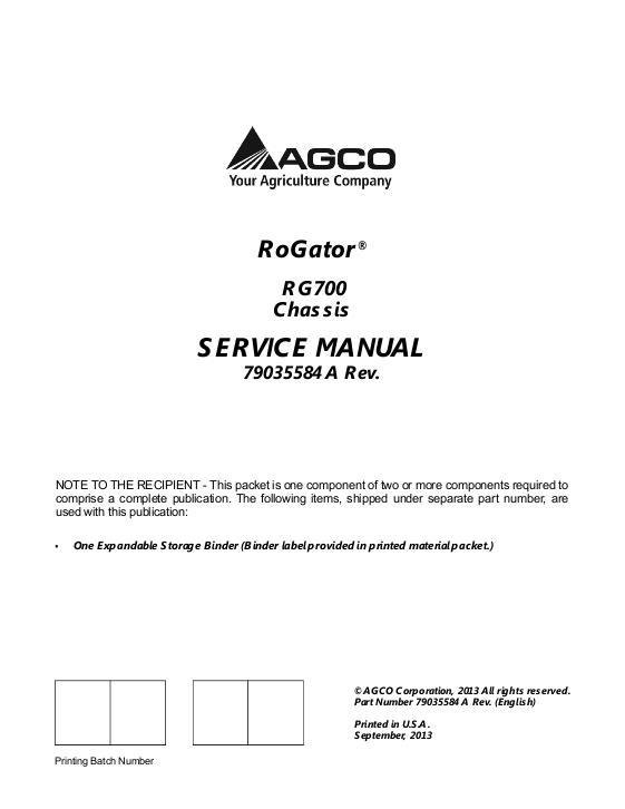AGCO RG700 RoGator (chassis) (packet) Service Manual 79035584A English