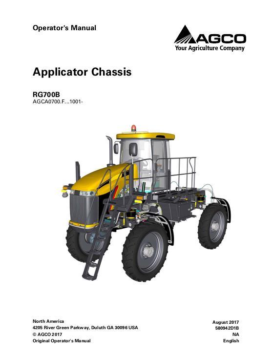 AGCO RG700B RoGator (chassis, tier 4, eff sn Fxxx1001) Operator Manual 580942D1B English