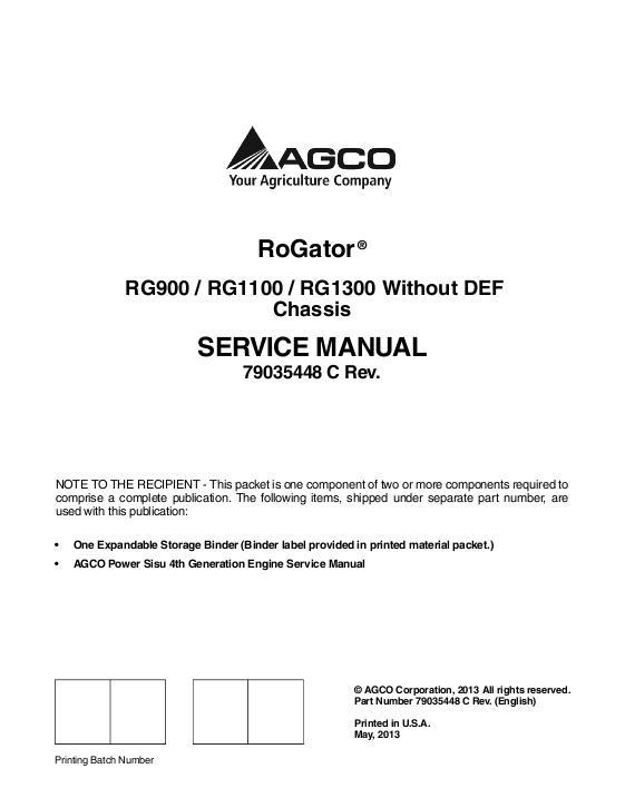 AGCO RG900 RG1100 RG1300 RoGator (chassis w_o DEF, 2013) (packet) Service Manual 79035448C English