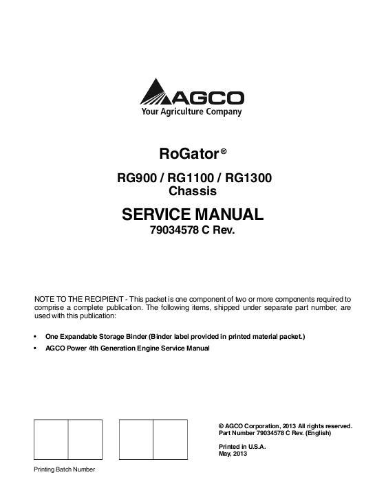 AGCO RG900 RG1100 RG1300 RoGator (tier 4i chassis) (packet) Service Manual 79034578C English