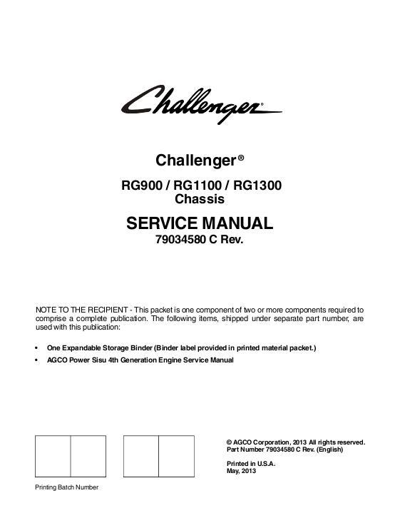 AGCO RG900 RG1100 RG1300 RoGator (tier 4i chassis) (packet) Service Manual 79034580C English