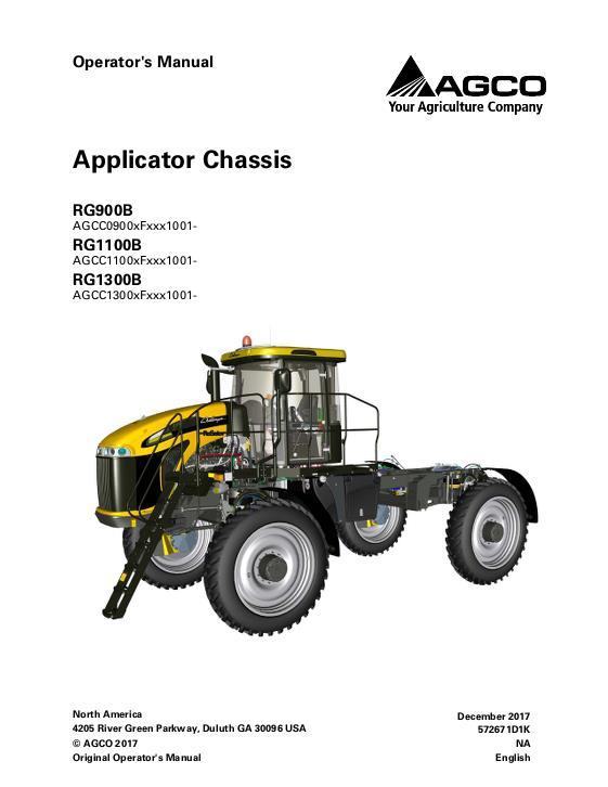 AGCO RG900B RG1100B RG1300B RoGator (chassis, eff Fxxx1001, w DEF) Operator Manual 572671D1K English