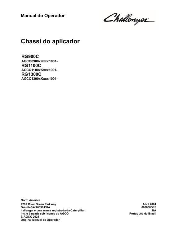 AGCO RG900C RG1100C RG1300C RoGator (chassis, tier 4 eff Kxxx1001) Operator Manual 608008D1F Portuguese