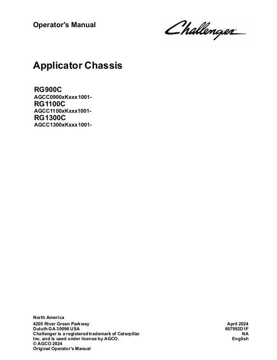 AGCO RG900C RG1100C RG1300C RoGator (chassis, tier 4f) Operator Manual 607992D1F English
