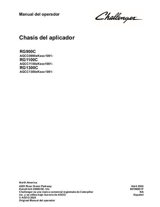 AGCO RG900C RG1100C RG1300C RoGator (chassis, tier 4f, eff 2019) Operator Manual 607996D1F Spanish