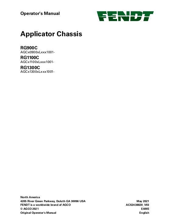 AGCO RG900C RG1100C RG1300C RoGator (chassis tier 4f eff Lxxx1001) Operator Manual ACX2438820 English
