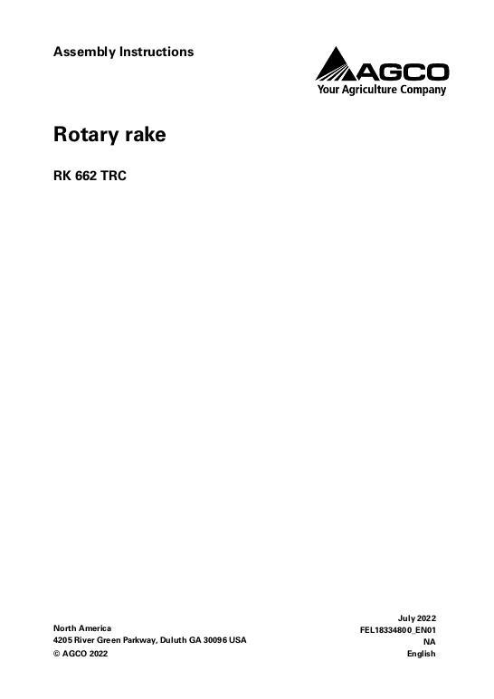 AGCO RK662 TRC Rotary Rake (assembly instructions) Operator Manual FEL18334800_EN01 English