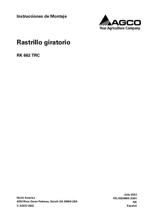 AGCO RK662 TRC Rotary Rake (assembly instructions) Operator Manual FEL18334800_ES01 Spanish