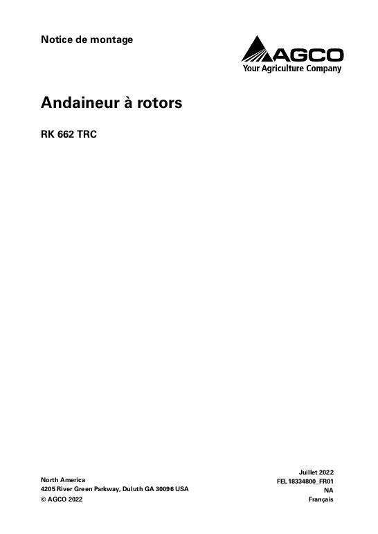 AGCO RK662 TRC Rotary Rake (assembly instructions) Operator Manual FEL18334800_FR01 French